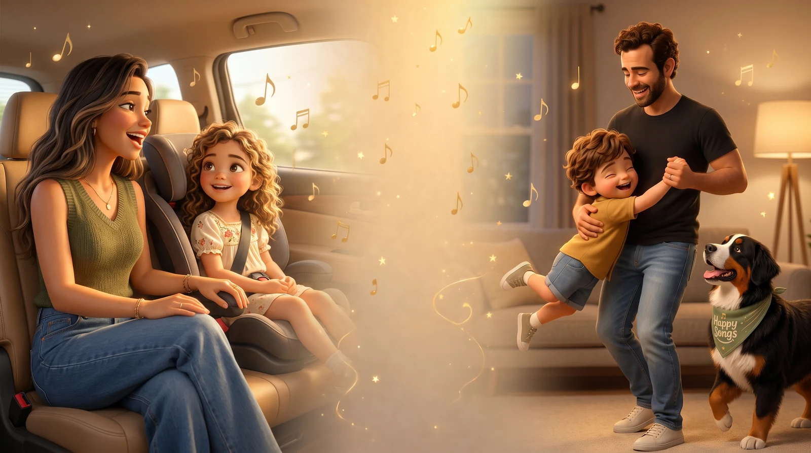 A mother and daughter listening to a Happy Songs song on one side; a father and son with their dog listening on the other