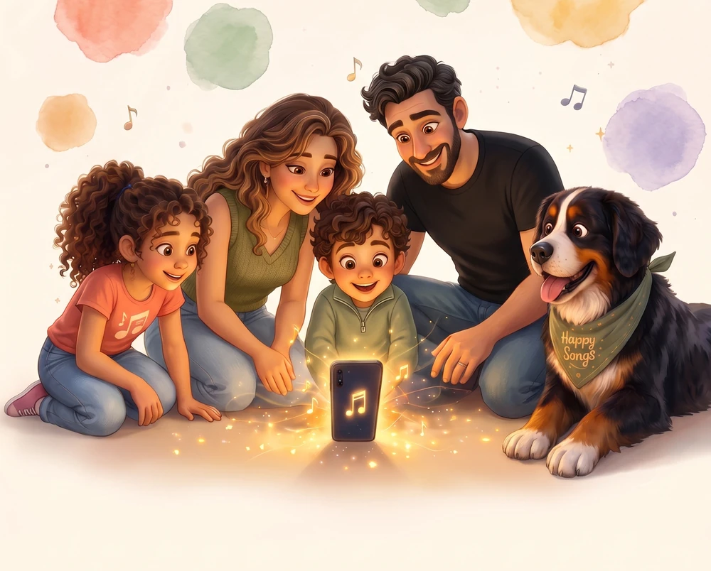 The Happy Songs family making music together at home