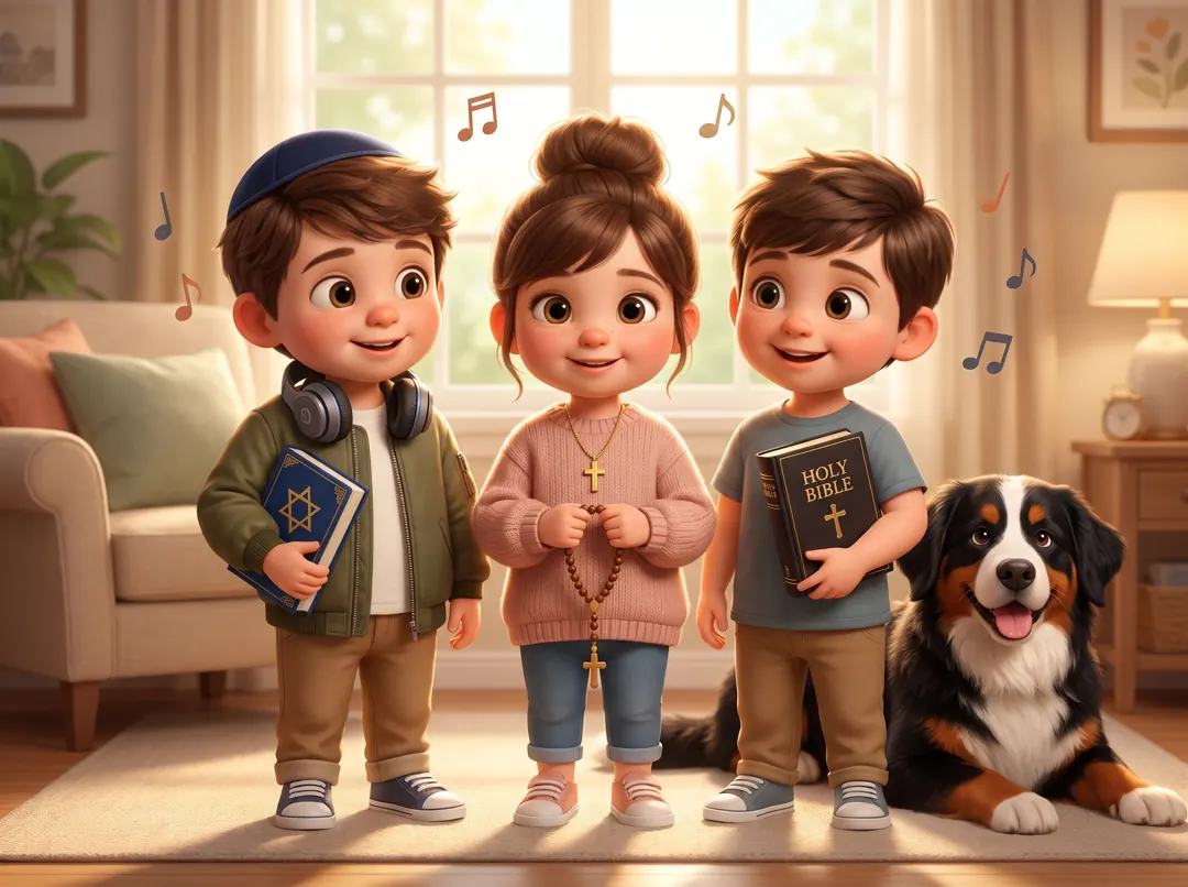 Three children together with music and a Bernese Mountain Dog — one wearing a kippah with a prayer book, one with a cross necklace holding a rosary, one holding a Bible