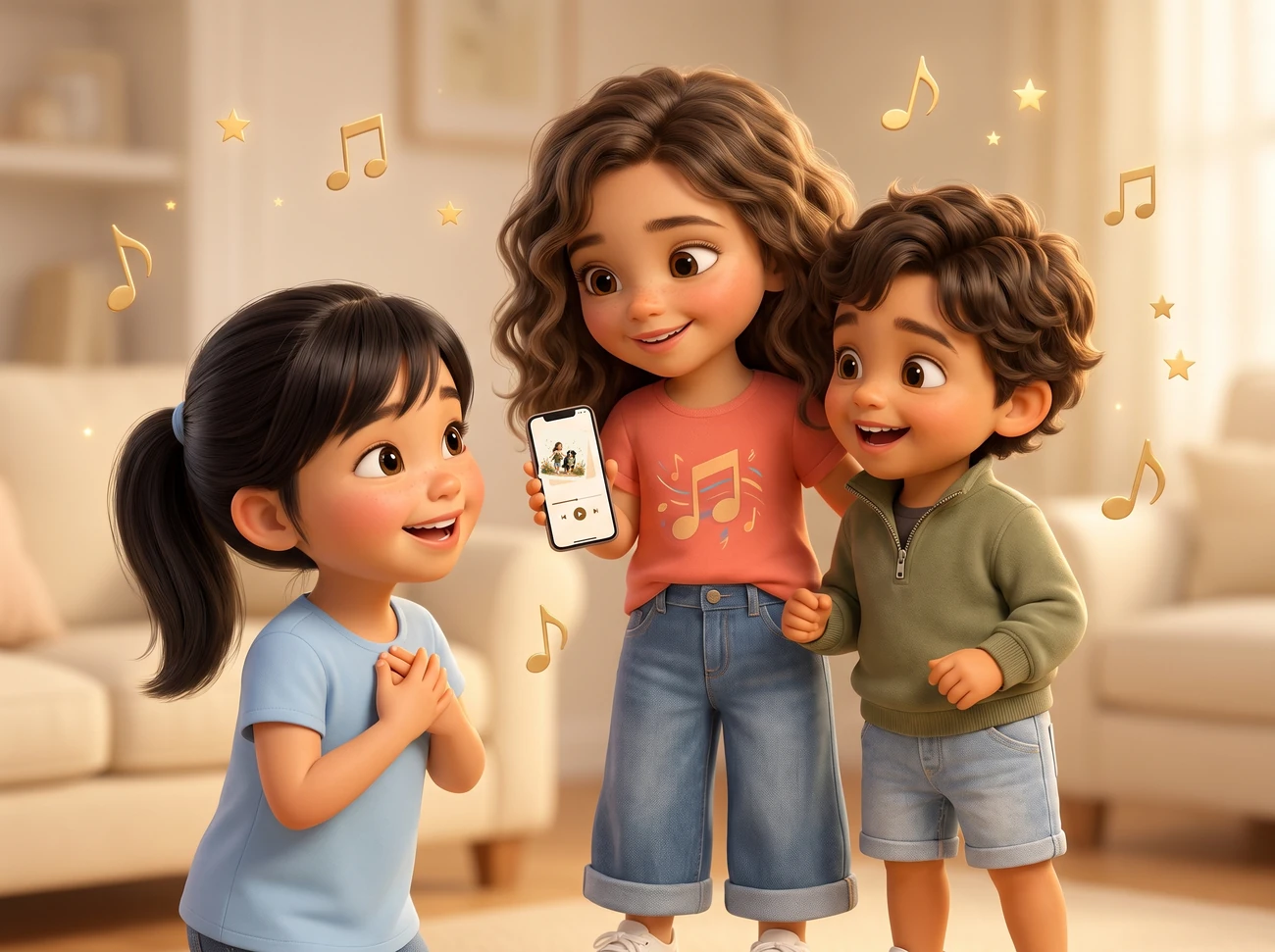 Two kids sharing a personalized song with their friend on a phone