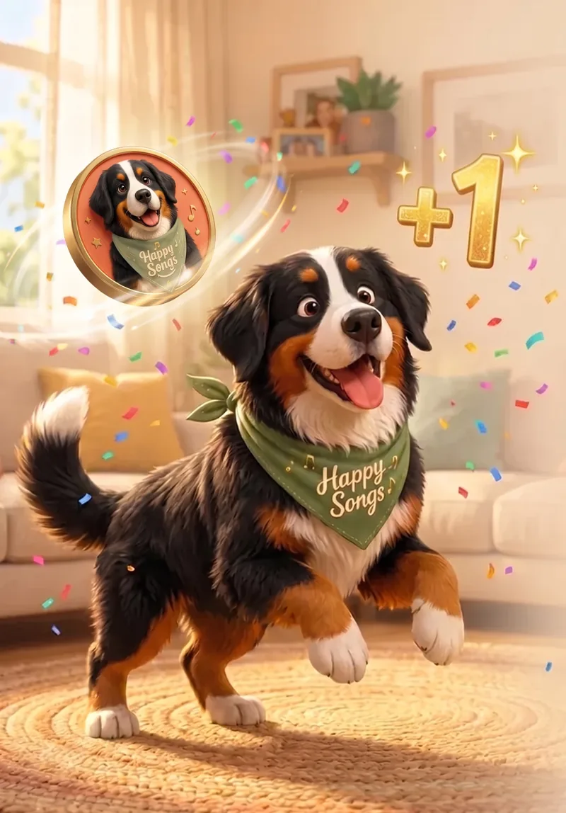 Jack, the family's Bernese Mountain Dog, celebrating with a golden Jacks medal and a +1